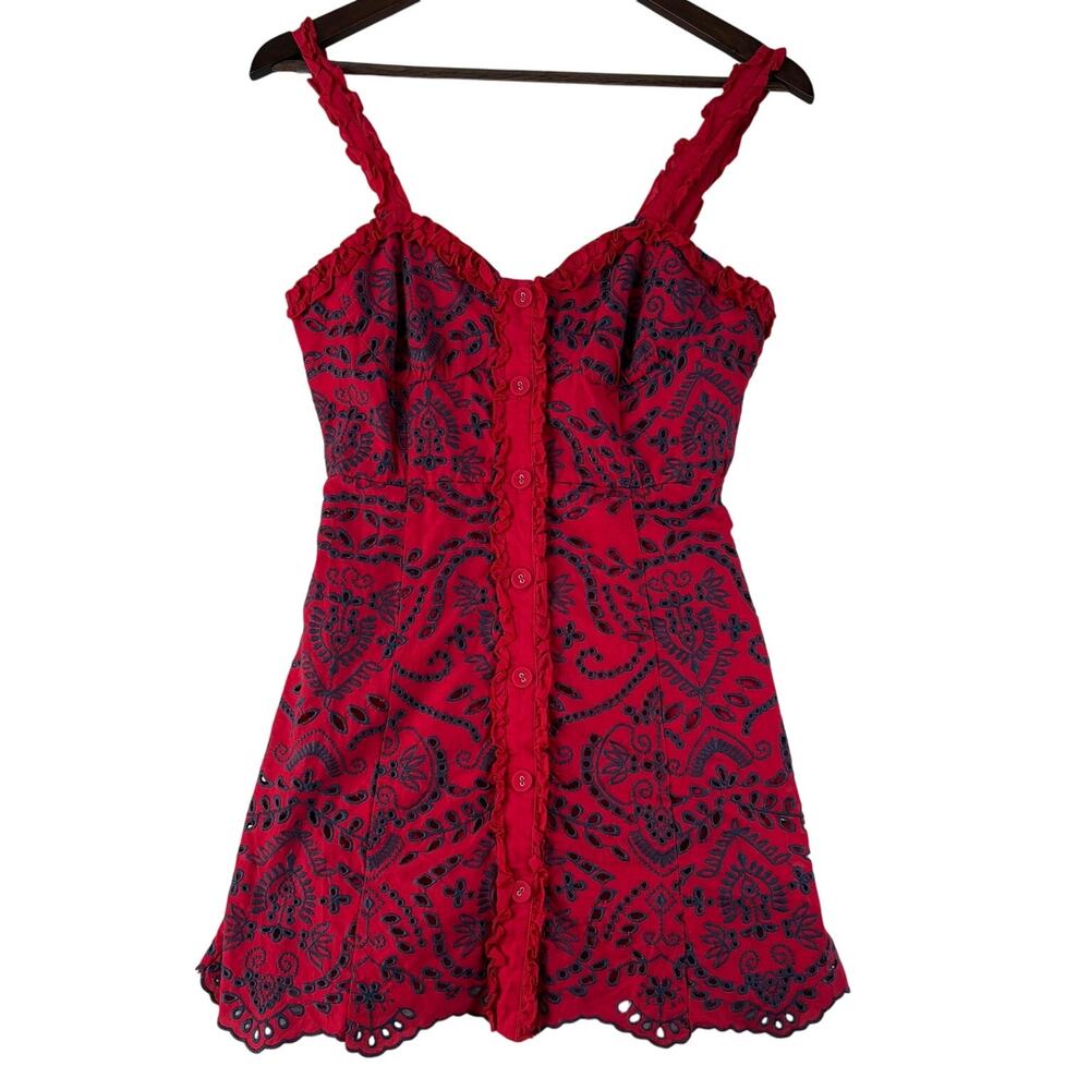 Forever 21 WMNS Eyelet Embroidered Mini Dress S Red Navy Sleeveless Button Front